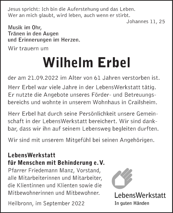 Traueranzeige von Wilhelm Erbel von Hohenloher Tagblatt