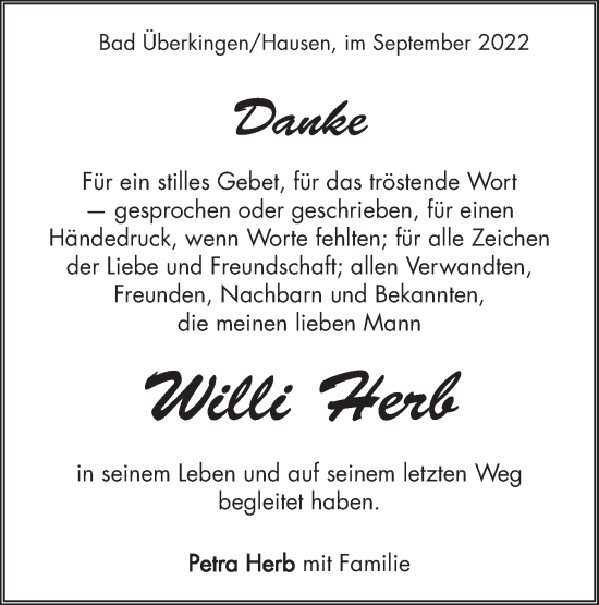 Traueranzeige von Willi Herb von NWZ Neue Württembergische Zeitung/Geislinger Zeitung