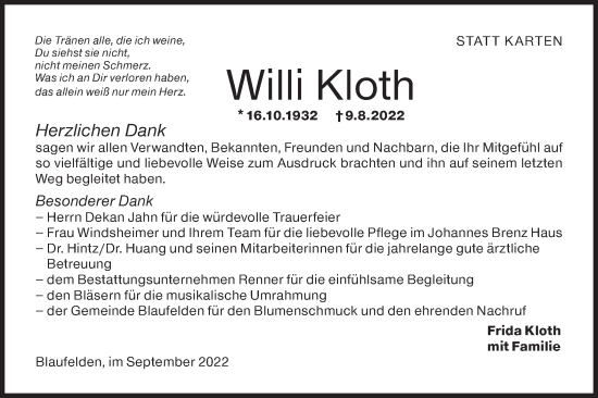 Traueranzeige von Willi Kloth von Hohenloher Tagblatt