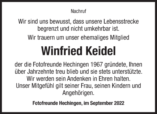 Traueranzeige von Winfried Keidel von Metzinger-Uracher Volksblatt