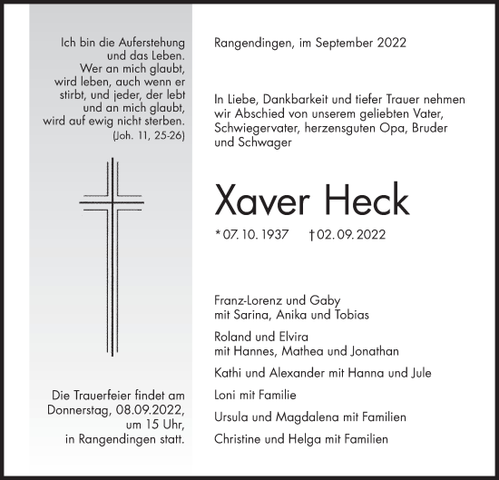 Traueranzeige von Xaver Heck von Metzinger-Uracher Volksblatt