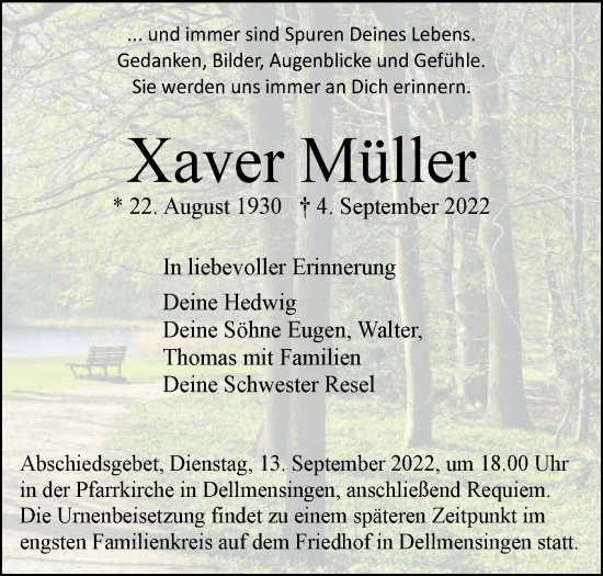 Traueranzeige von Xaver Müller von SÜDWEST PRESSE Ausgabe Ulm/Neu-Ulm