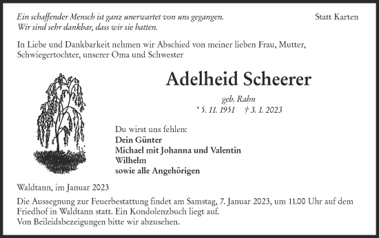 Traueranzeige von Adelheid Scheerer von Hohenloher Tagblatt