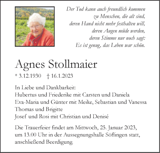 Traueranzeige von Agnes Stollmaier von SÜDWEST PRESSE Ausgabe Ulm/Neu-Ulm