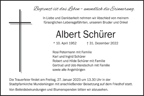 Traueranzeige von Albert Schürer von Ehinger Tagblatt