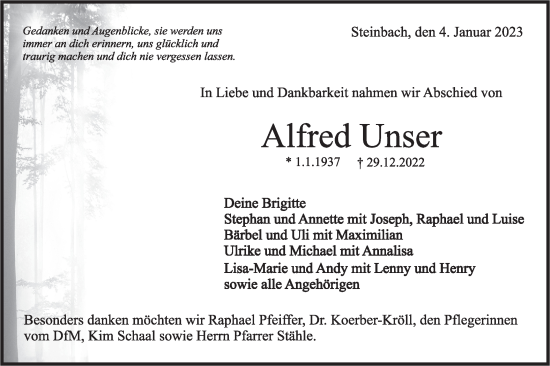 Traueranzeige von Alfred Unser von Haller Tagblatt