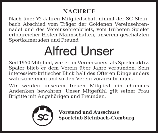 Traueranzeige von Alfred Unser von Haller Tagblatt