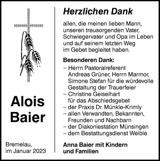 Traueranzeige von Alois Baier von Alb-Bote/Metzinger-Uracher Volksblatt