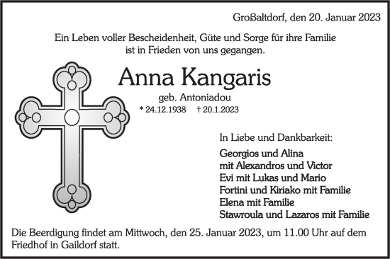 Traueranzeige von Anna Kangaris von Rundschau Gaildorf