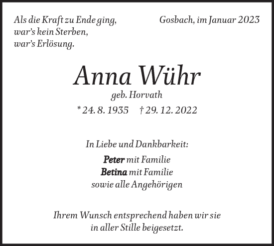 Traueranzeige von Anna Wühr von Geislinger Zeitung