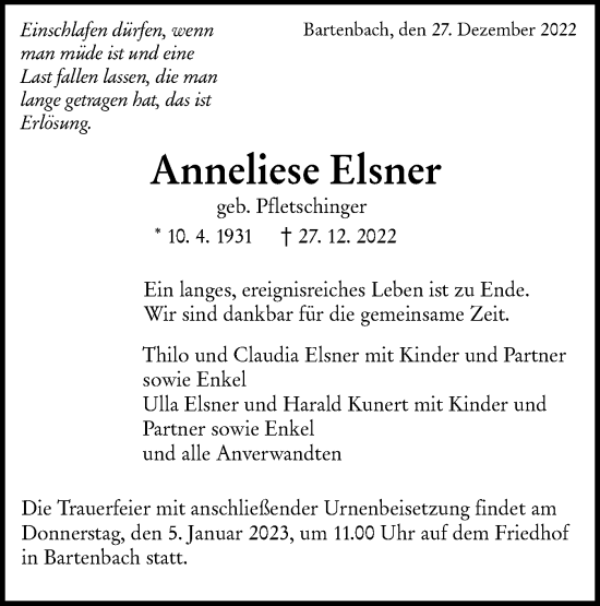 Traueranzeige von Anneliese Elsner von NWZ Neue Württembergische Zeitung