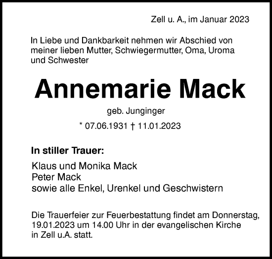 Traueranzeige von Annemarie Mack von NWZ Neue Württembergische Zeitung