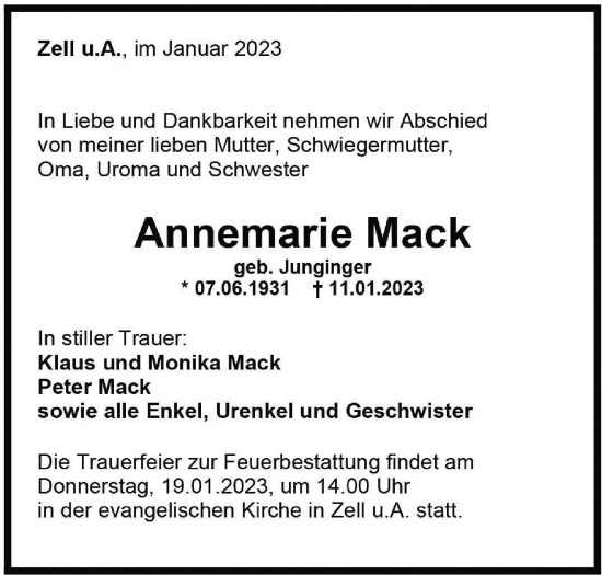 Traueranzeige von Annemarie Mack von Geislinger Zeitung