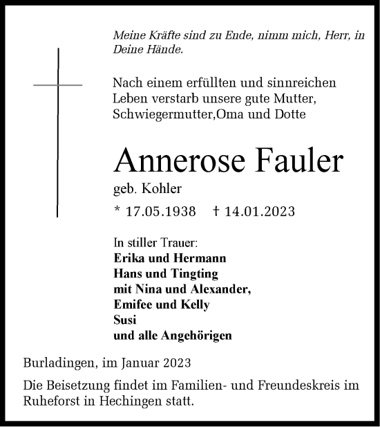 Traueranzeige von Annerose Fauler von Metzinger-Uracher Volksblatt