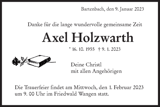 Traueranzeige von Axel Holzwarth von NWZ Neue Württembergische Zeitung