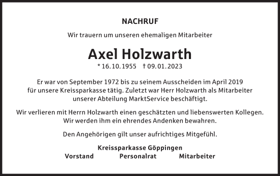 Traueranzeige von Axel Holzwarth von NWZ Neue Württembergische Zeitung/Geislinger Zeitung