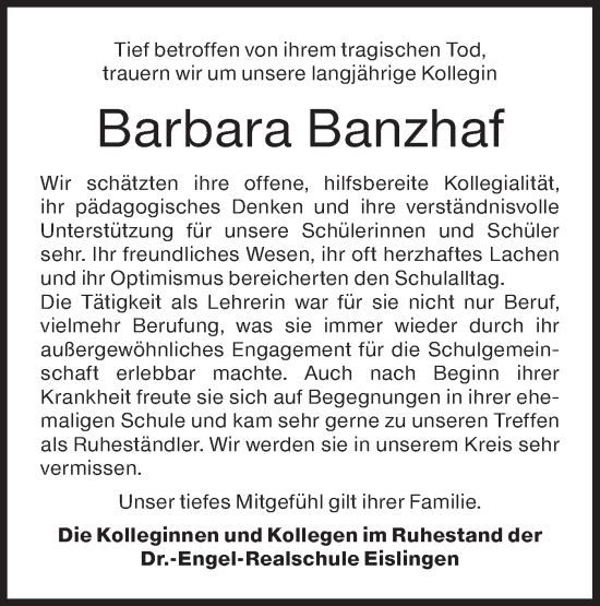 Traueranzeige von Barbara Banzhaf von NWZ Neue Württembergische Zeitung