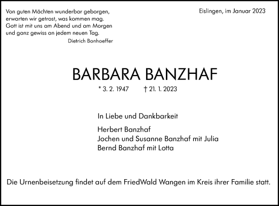 Traueranzeige von Barbara Banzhaf von NWZ Neue Württembergische Zeitung