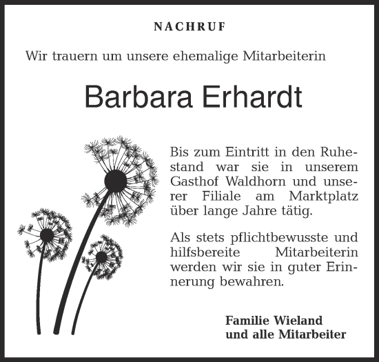 Traueranzeige von Barbara Erhardt von Rundschau Gaildorf