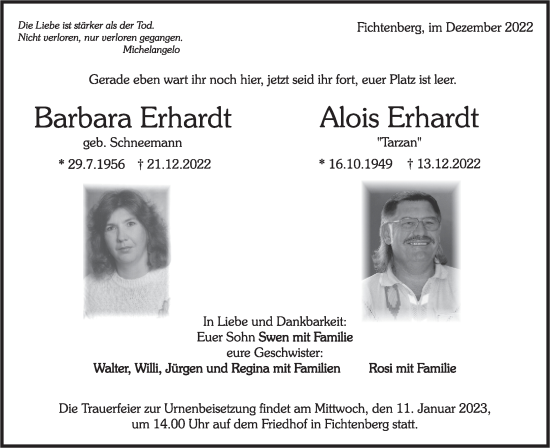 Traueranzeige von Barbara Erhardt von Rundschau Gaildorf