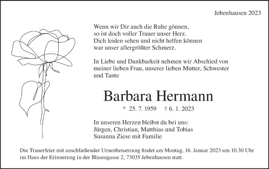 Traueranzeige von Barbara Hermann von NWZ Neue Württembergische Zeitung