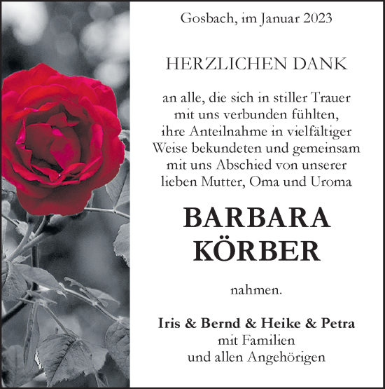 Traueranzeige von Barbara Körber von Geislinger Zeitung