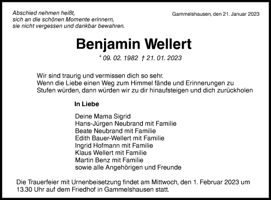 Traueranzeige von Benjamin Wellert von NWZ Neue Württembergische Zeitung