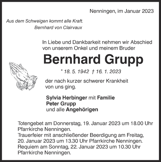 Traueranzeige von Bernhard Grupp von NWZ Neue Württembergische Zeitung