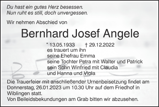 Traueranzeige von Bernhard Josef Angele von SÜDWEST PRESSE Ausgabe Ulm/Neu-Ulm