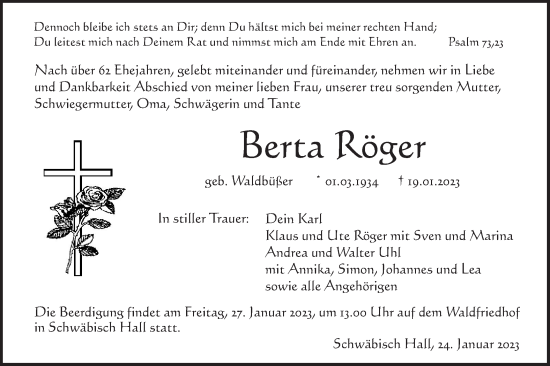 Traueranzeige von Berta Röger von Haller Tagblatt