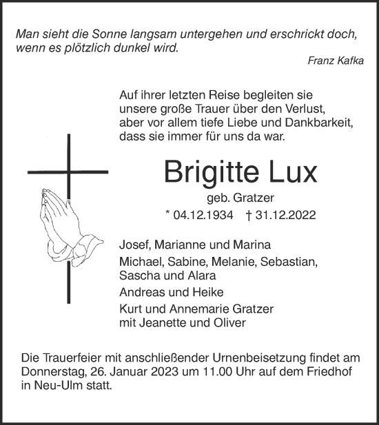 Traueranzeige von Brigitte Lux von SÜDWEST PRESSE Ausgabe Ulm/Neu-Ulm