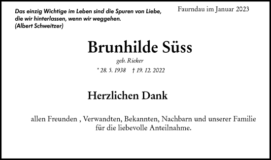 Traueranzeige von Brunhilde Süss von NWZ Neue Württembergische Zeitung