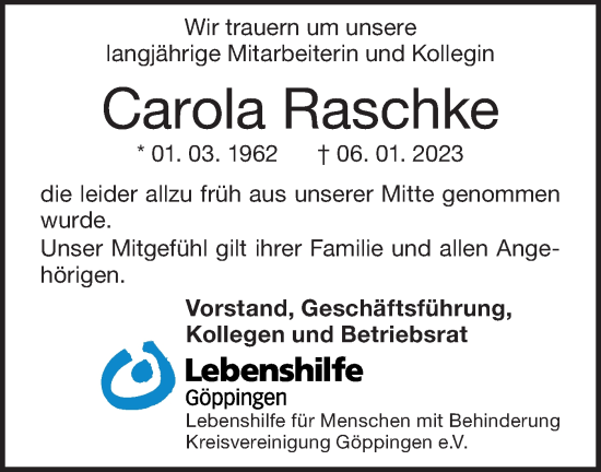 Traueranzeige von Carola Raschke von Geislinger Zeitung