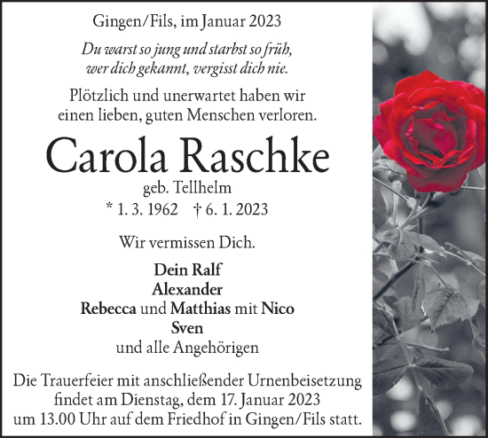 Traueranzeige von Carola Raschke von Geislinger Zeitung