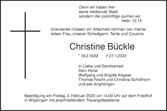 Traueranzeige von Christine Bückle von SÜDWEST PRESSE Ausgabe Ulm/Neu-Ulm