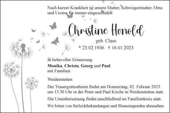 Traueranzeige von Christine Honold von SÜDWEST PRESSE Ausgabe Ulm/Neu-Ulm