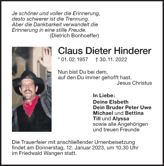 Traueranzeige von Claus Dieter Hinderer von NWZ Neue Württembergische Zeitung