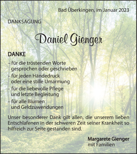 Traueranzeige von Daniel Gienger von Geislinger Zeitung