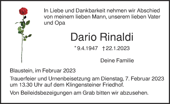 Traueranzeige von Dario Rinaldi von SÜDWEST PRESSE Ausgabe Ulm/Neu-Ulm