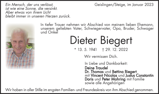 Traueranzeige von Dieter Biegert von Geislinger Zeitung