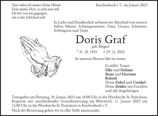 Traueranzeige von Doris Graf von Geislinger Zeitung