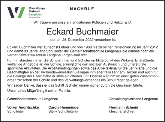 Traueranzeige von Eckhard Buchmaier von SÜDWEST PRESSE