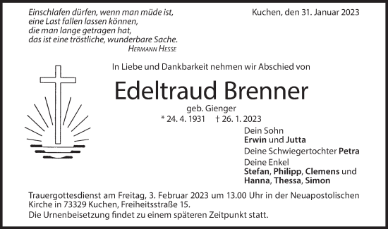 Traueranzeige von Edeltraud Brenner von Geislinger Zeitung