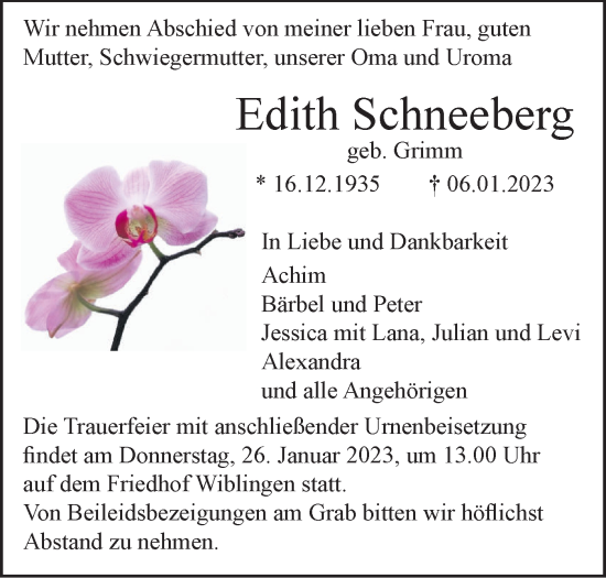 Traueranzeige von Edith Schneeberg von SÜDWEST PRESSE Ausgabe Ulm/Neu-Ulm