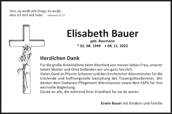 Traueranzeige von Elisabeth Bauer von Hohenloher Tagblatt