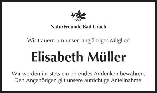 Traueranzeige von Elisabeth Müller von Metzinger-Uracher Volksblatt