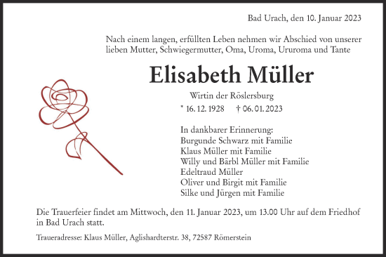 Traueranzeige von Elisabeth Müller von Metzinger-Uracher Volksblatt