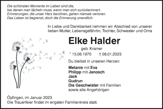 Traueranzeige von Elke Halder von SÜDWEST PRESSE Ausgabe Ulm/Neu-Ulm