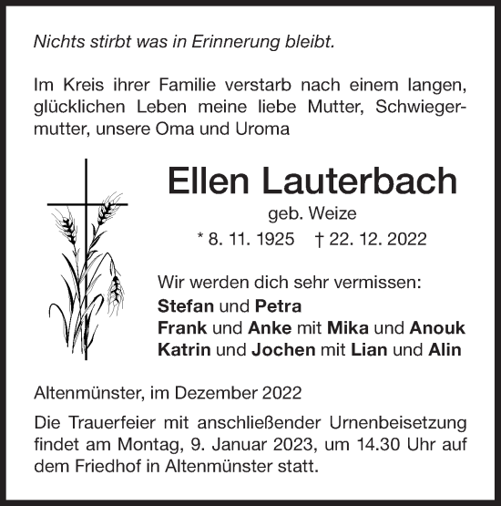 Traueranzeige von Ellen Lauterbach von Hohenloher Tagblatt