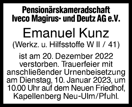 Traueranzeige von Emanuel Kunz von SÜDWEST PRESSE Ausgabe Ulm/Neu-Ulm